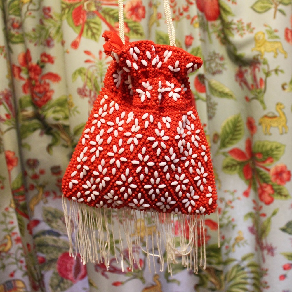 CLEARANCE - 60s 70s Beaded Fringe Drawstring Purse